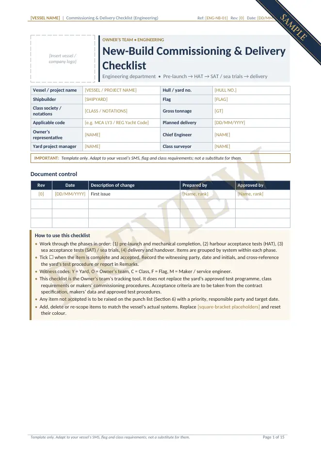 Watermarked sample of the first page of the New-Build Commissioning and Delivery Checklist